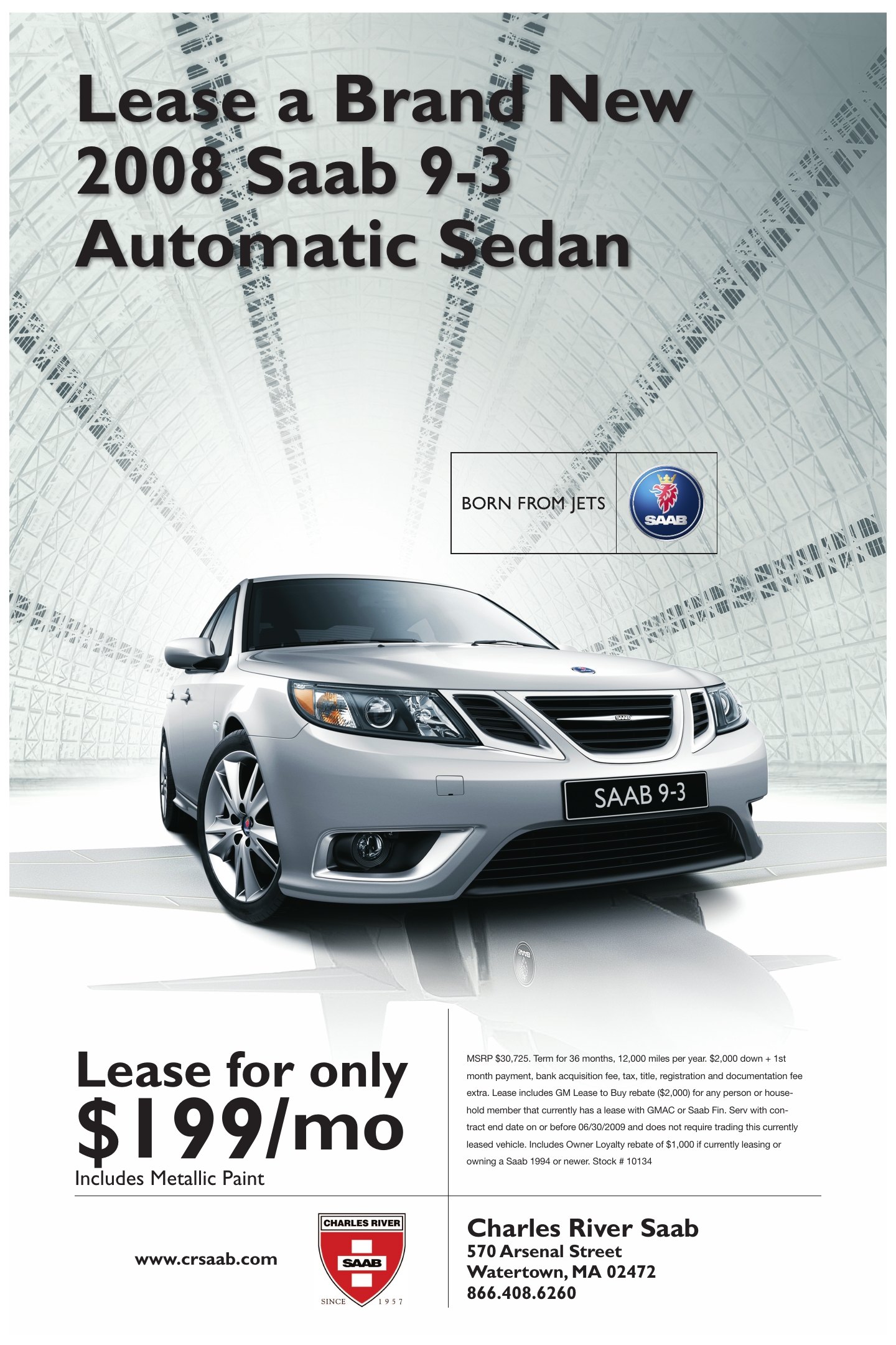 Charles River Saab, dealer posters: Lease poster, 2008 Saab 9-3