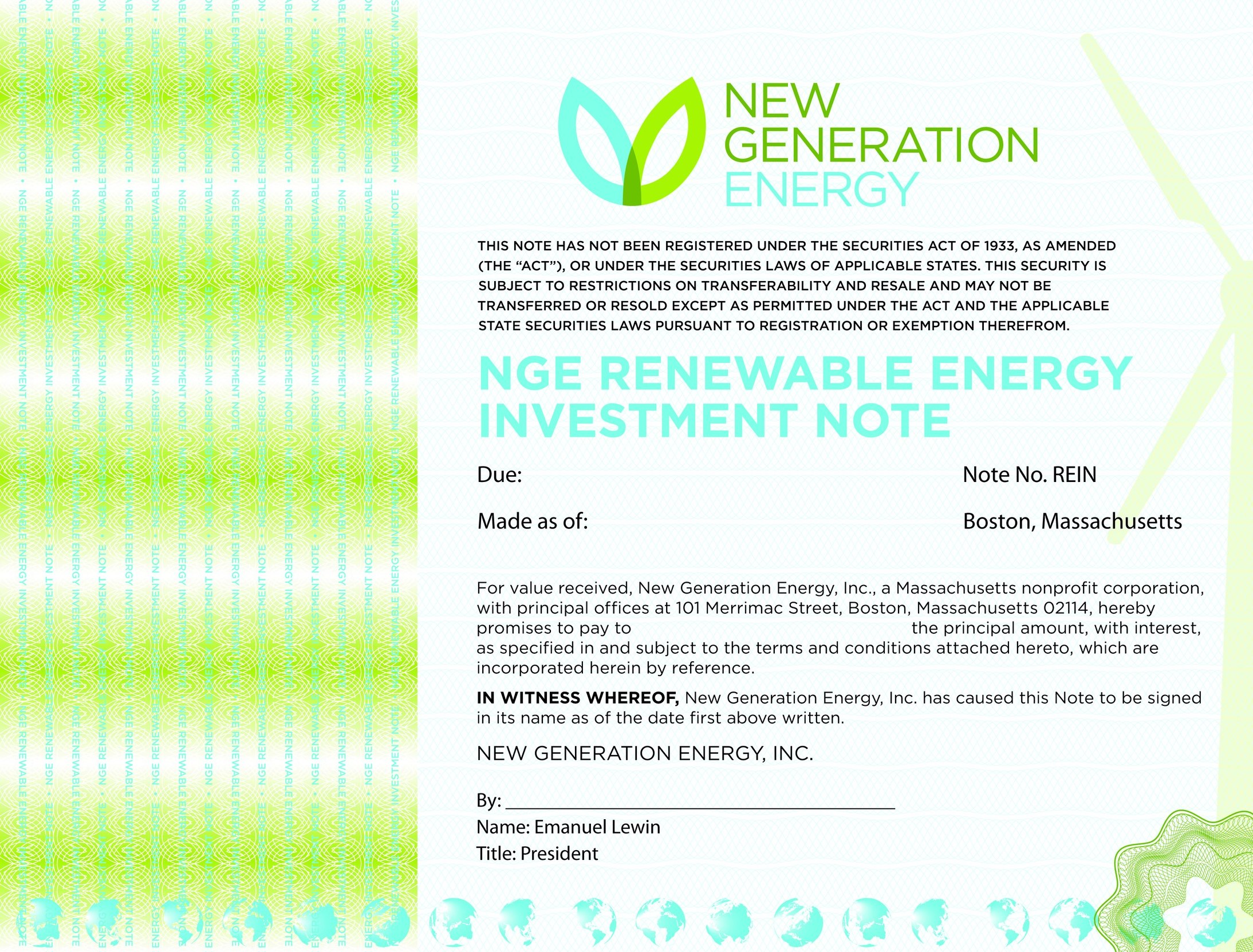 New Generation Energy, investment note. Branded stock certificate design.
